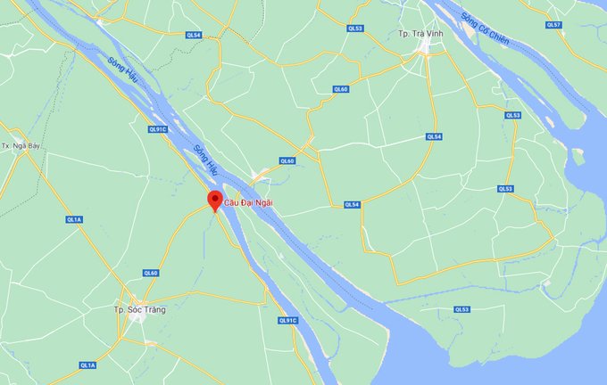 Vị trí cầu Đại Ngãi bắc qua sông Hậu nối Trà Vinh với Sóc Trăng. Ảnh: Google maps.